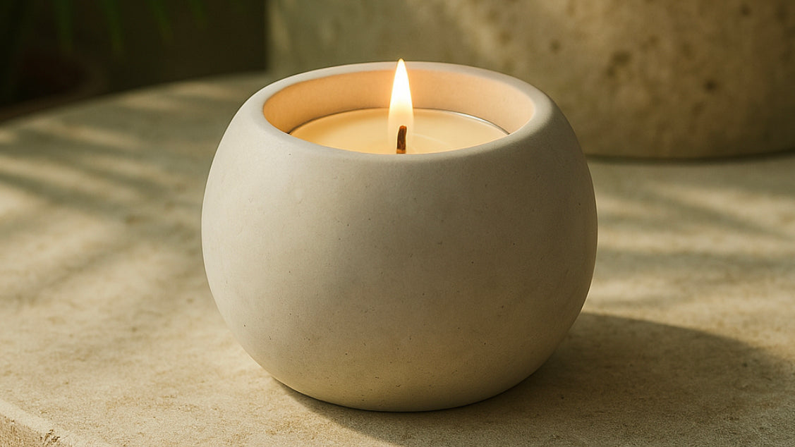Handmade cream ceramic sphere T-light holder with lit candle on stone surface