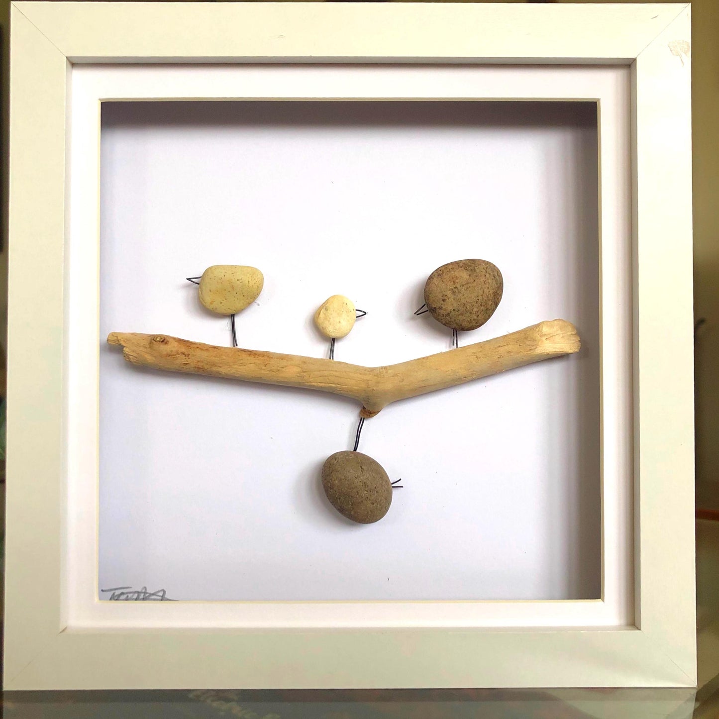 Custom made pebble art picture, driftwood and flower art, Box Framed 18x18cm featuring Naughty Bird and Family