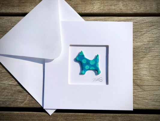 Handmade 3D Happy Dog Card – Colourful Polka Dot Clay Dog, Fun Aperture Greetings Card, Blank Inside, Unique Dog Lover Gift