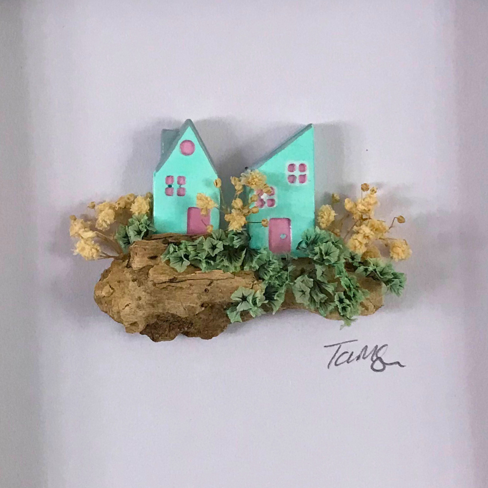 Miniature Turquoise Clay Houses Art – Framed Driftwood Scene with Wild Flowers (18x18cm)