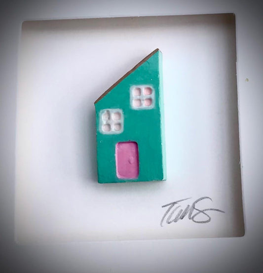 Handmade 3D Miniature House Card – New Home Greetings Card, Turquoise & Pink Clay House, Blank Inside, Unique Housewarming Gift