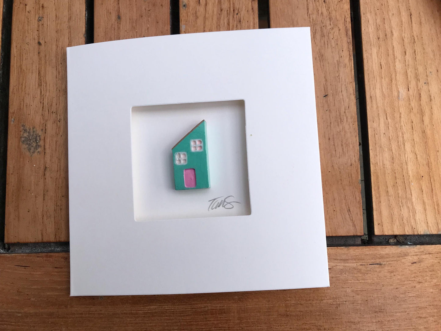 Handmade 3D Miniature House Card – New Home Greetings Card, Turquoise & Pink Clay House, Blank Inside, Unique Housewarming Gift
