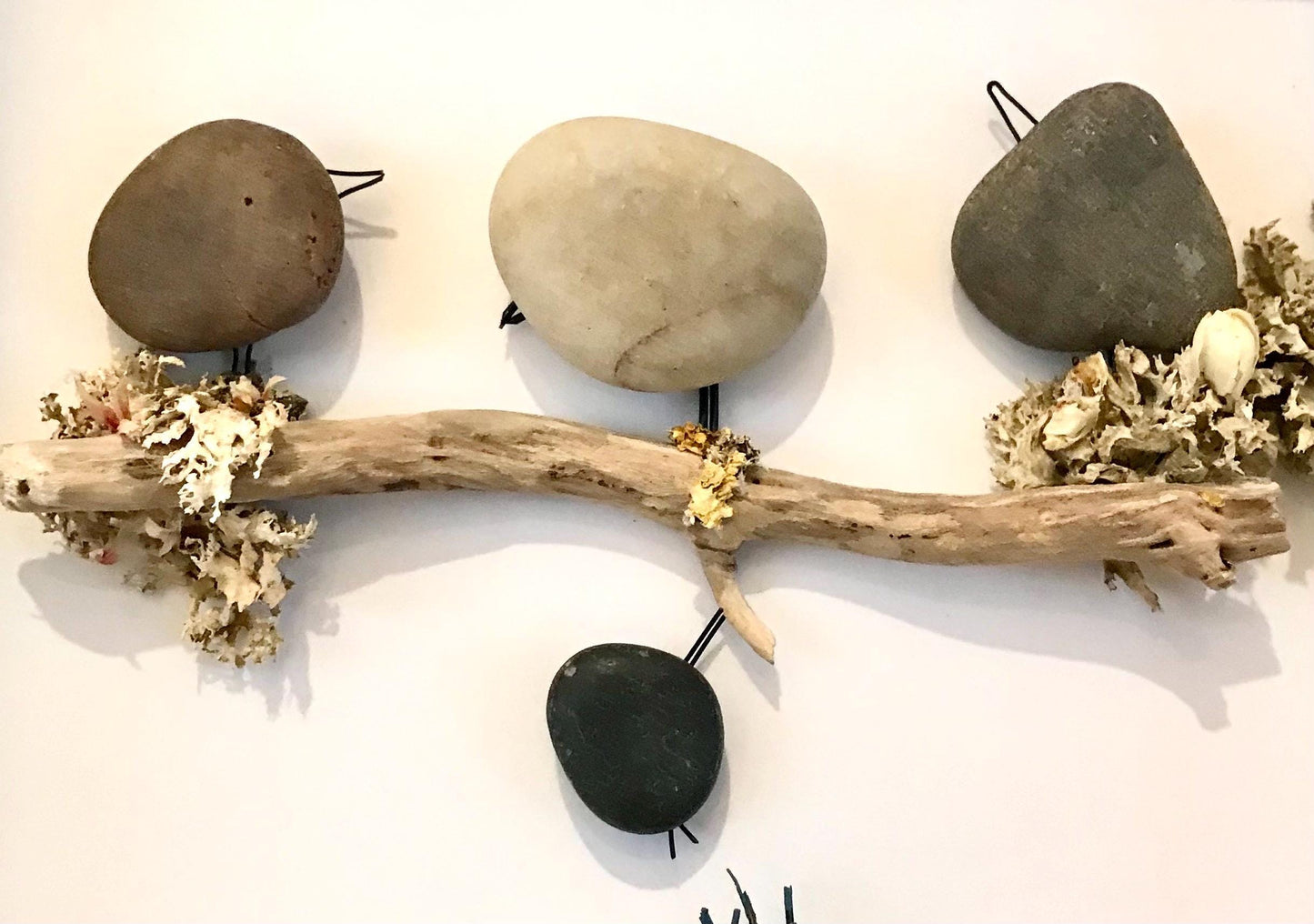 Custom made pebble art picture, driftwood and flower art, Box Framed 18x18cm featuring Naughty Bird and Family