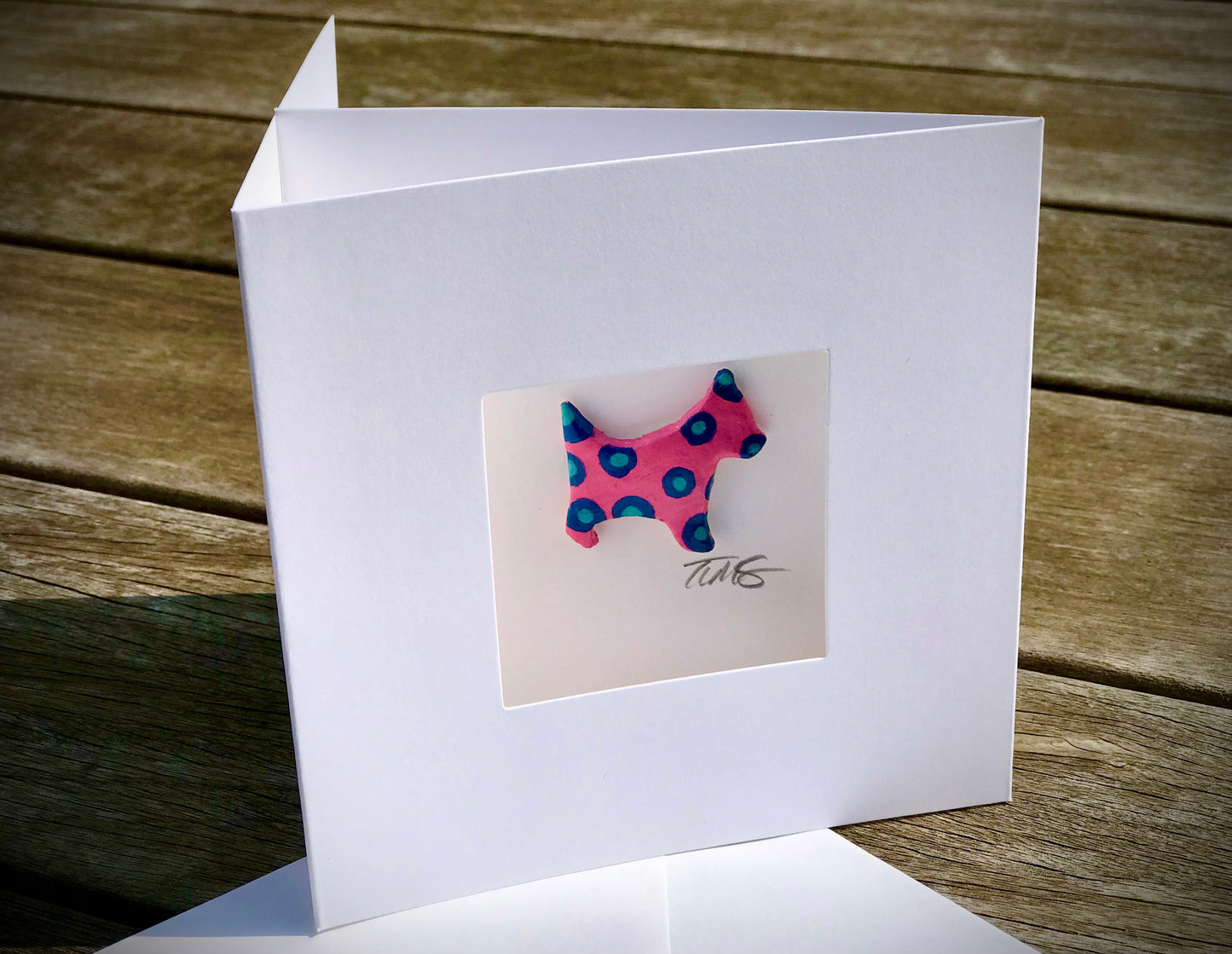 Handmade 3D Happy Dog Card – Colourful Polka Dot Clay Dog, Fun Aperture Greetings Card, Blank Inside, Unique Dog Lover Gift