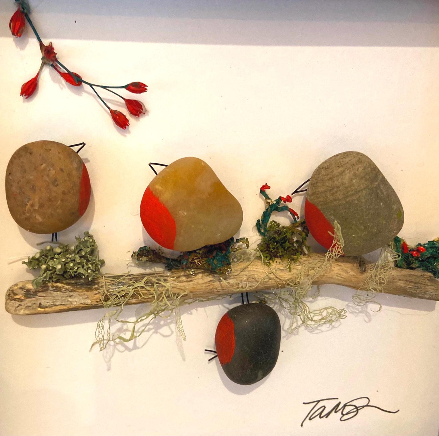 Custom made pebble art picture, driftwood and flower art, Box Framed 18x18cm featuring Naughty Bird and Family