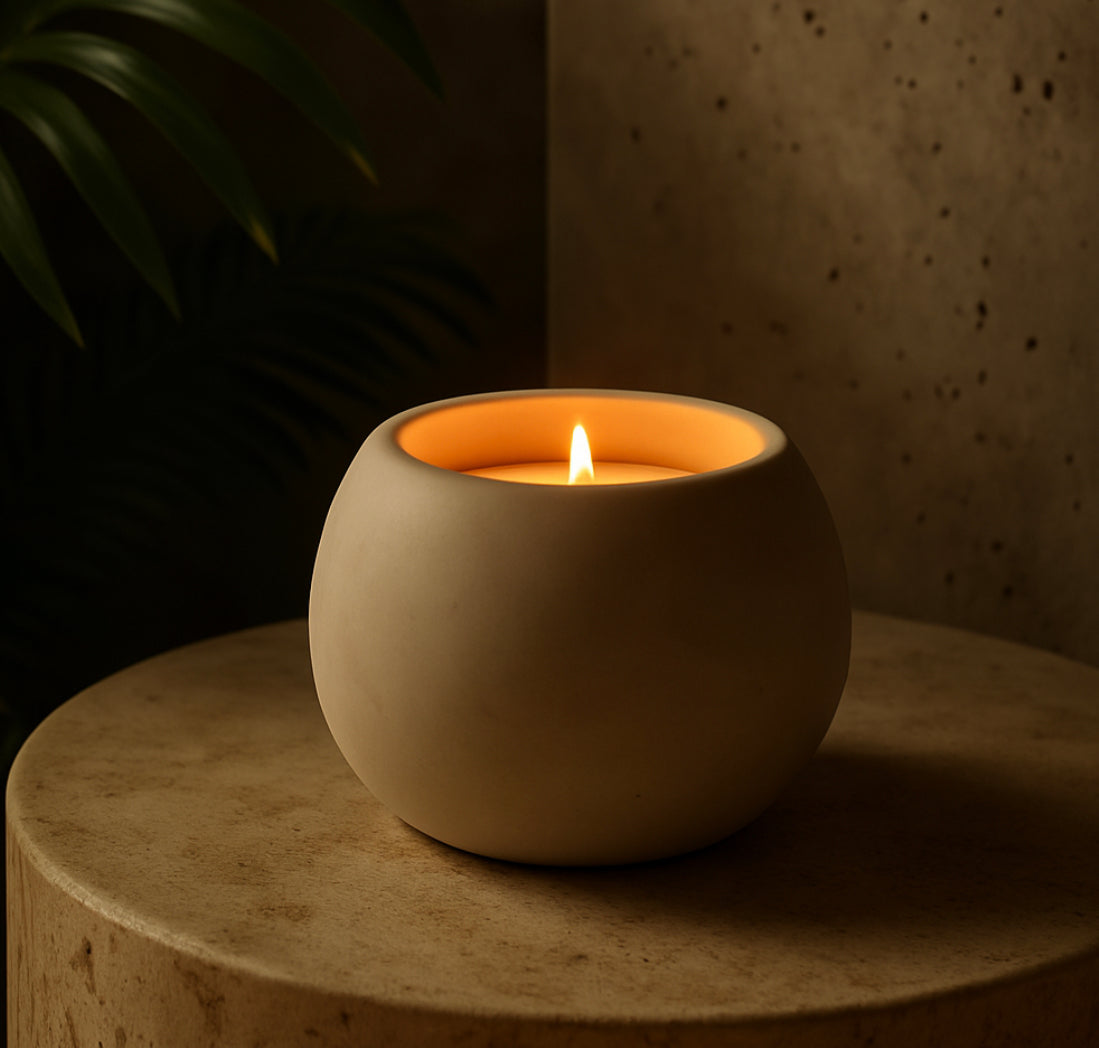 Lit dark grey ceramic tealight holder casting warm glow, artisan home decor