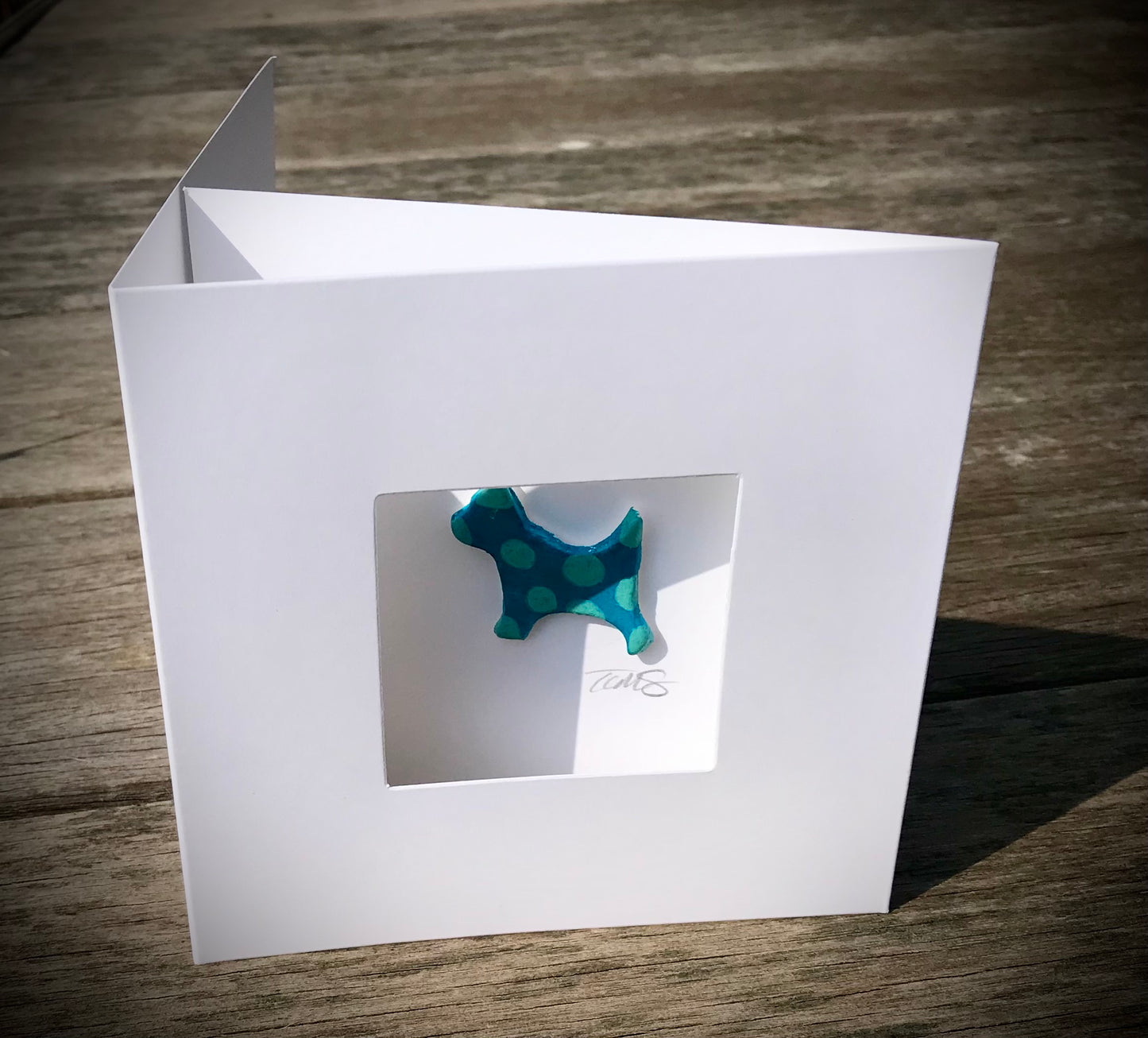 Handmade 3D Happy Dog Card – Colourful Polka Dot Clay Dog, Fun Aperture Greetings Card, Blank Inside, Unique Dog Lover Gift