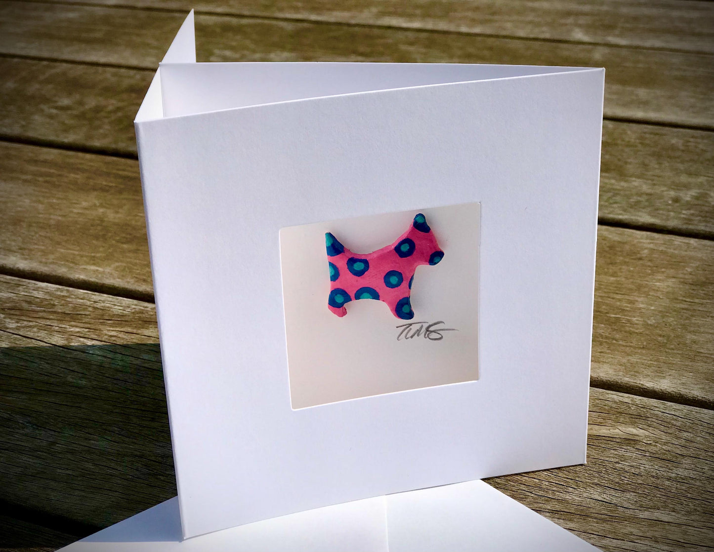 Handmade Polka Dot Dog Card – 3D Clay Dog in Aperture Frame