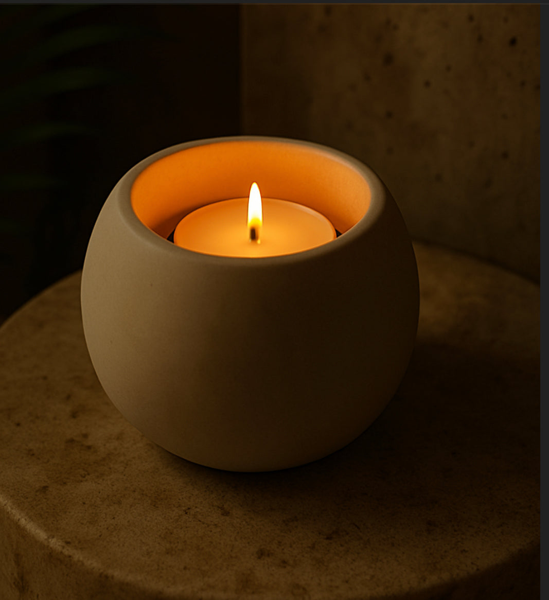 Dark grey ceramic T-light candle holder glowing in low light, handmade accent decor
