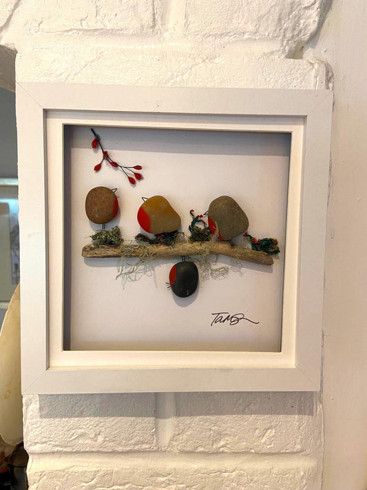 Custom made pebble art picture, driftwood and flower art, Box Framed 18x18cm featuring Naughty Bird and Family