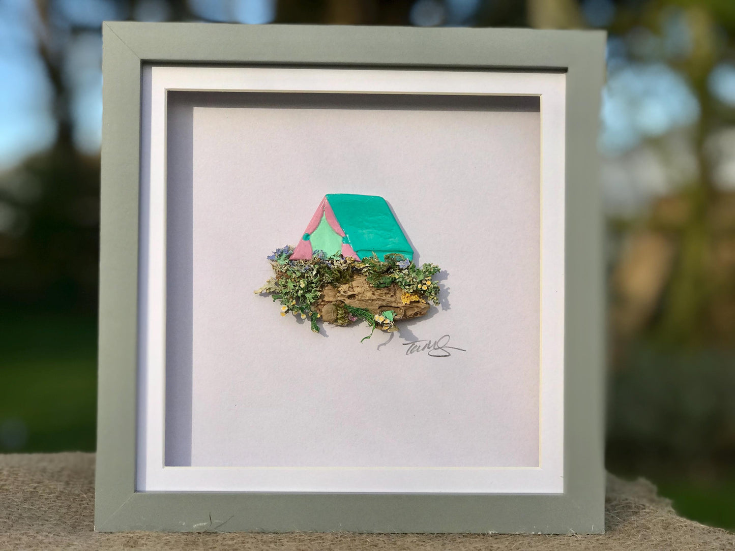 Handmade Traditional Tent Artwork – Clay & Driftwood (Box Framed 18x18cm)