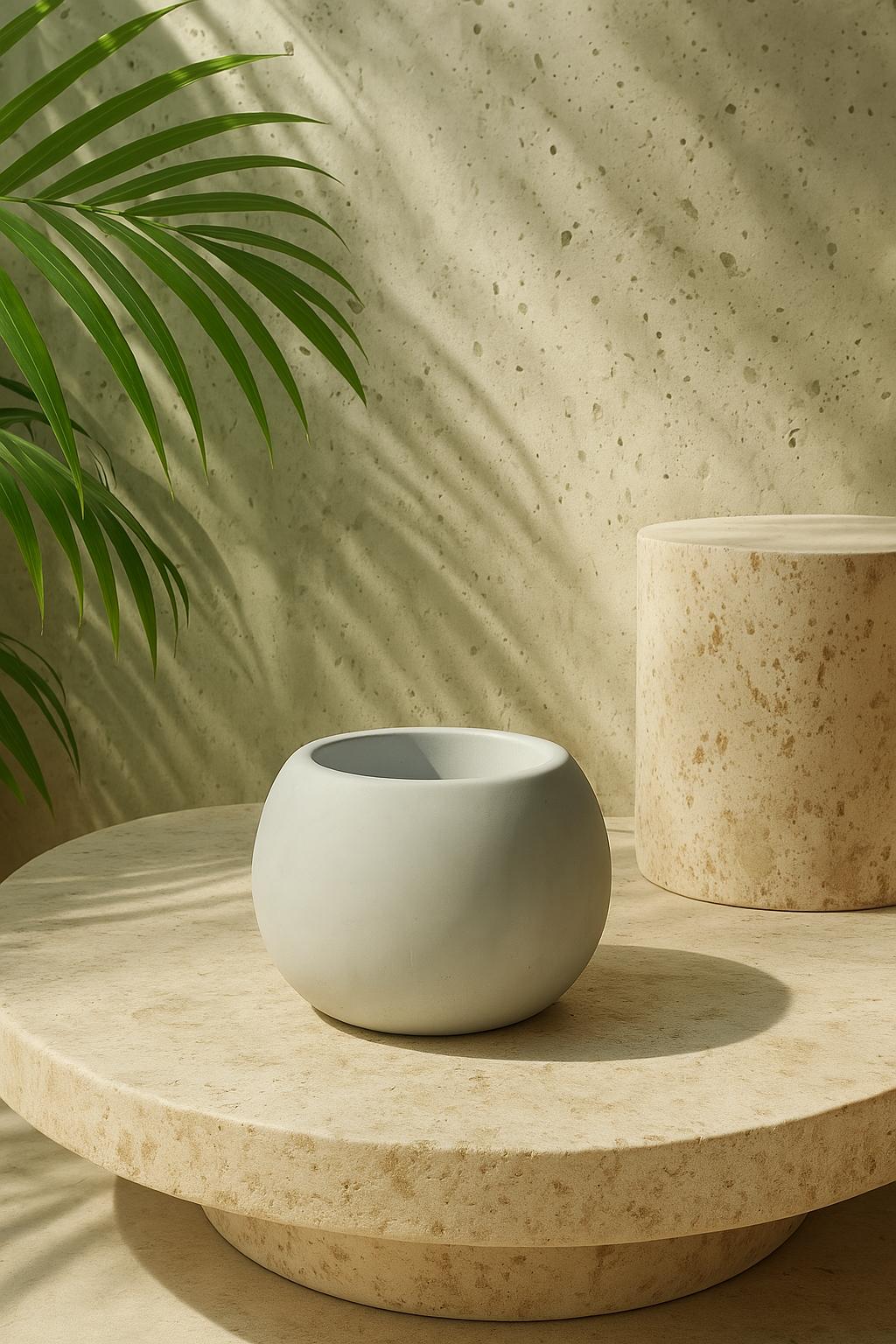 Cream handcast ceramic tealight holder, minimalist spherical shape in daylight