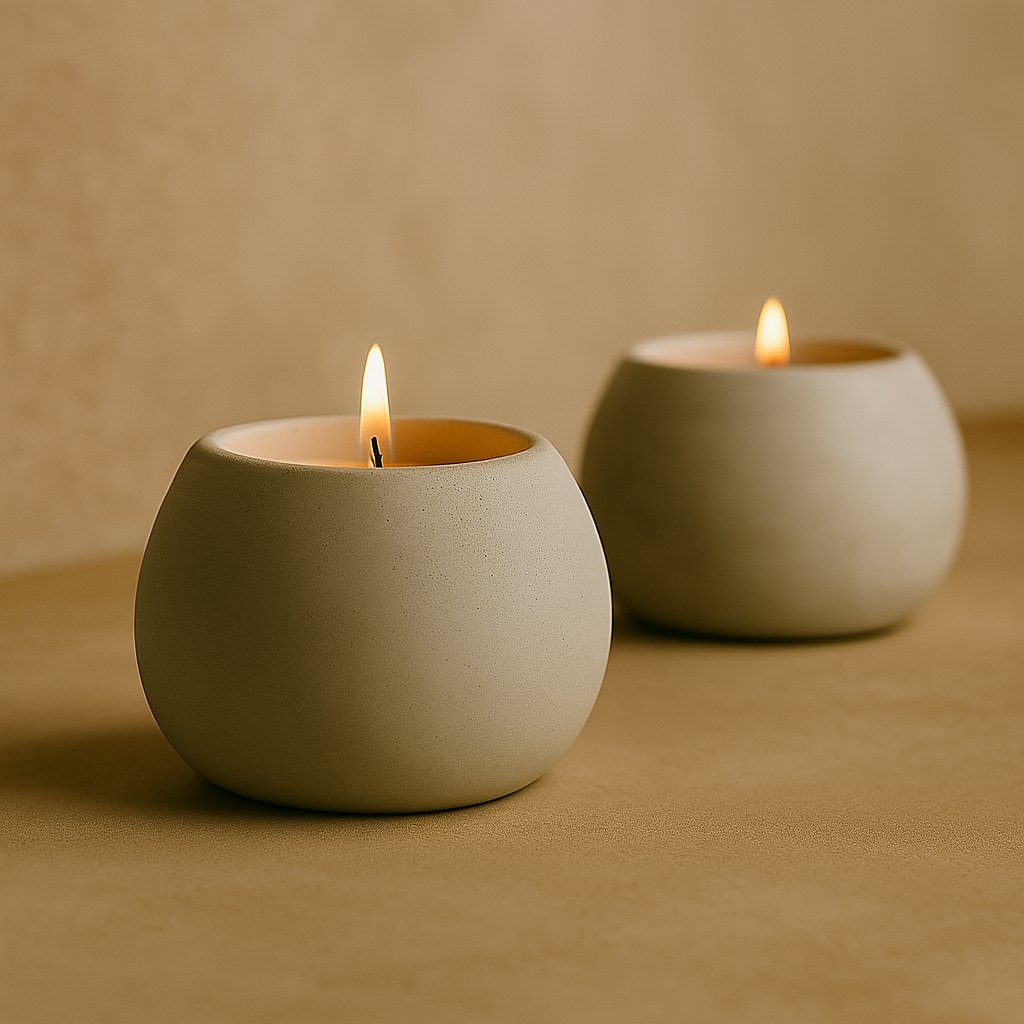 Two handmade grey spherical tealight holders on a smooth neutral surface, positioned at an angle with one in the foreground and the second slightly behind. Minimalist design and matte finish highlighted in soft natural light.