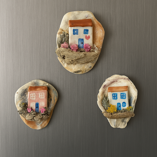 Handmade Oyster Shell Cottage Fridge Magnets – Unique Miniature Coastal Homes
