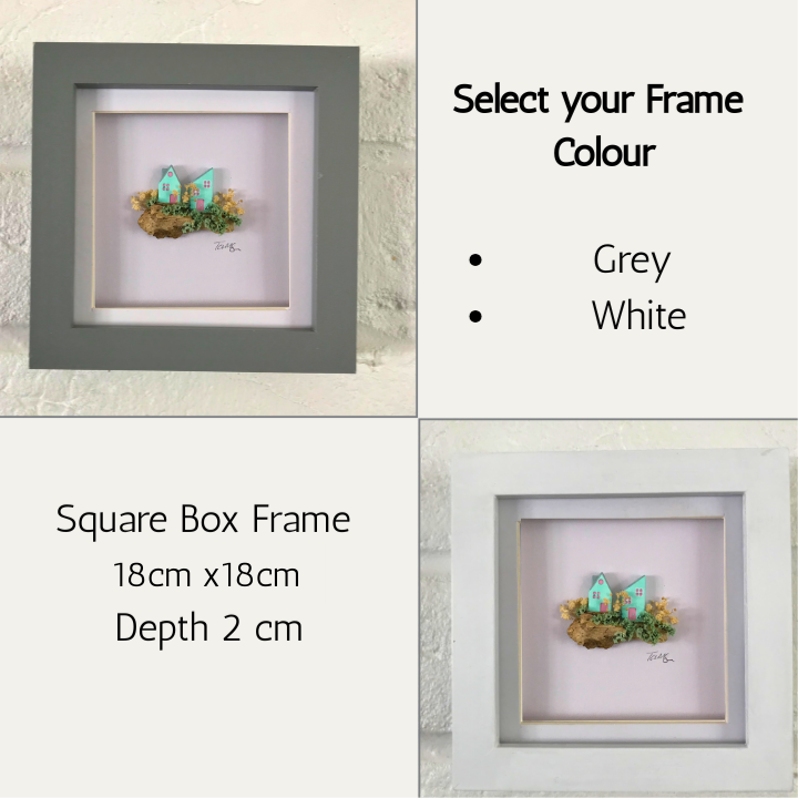 Miniature Turquoise Clay Houses Art – Framed Driftwood Scene with Wild Flowers (18x18cm)