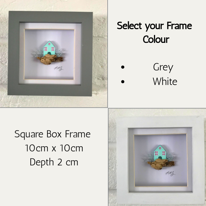 Mini Coastal House – Handcrafted Clay Artwork in Grey Box Frame (10×10 cm)