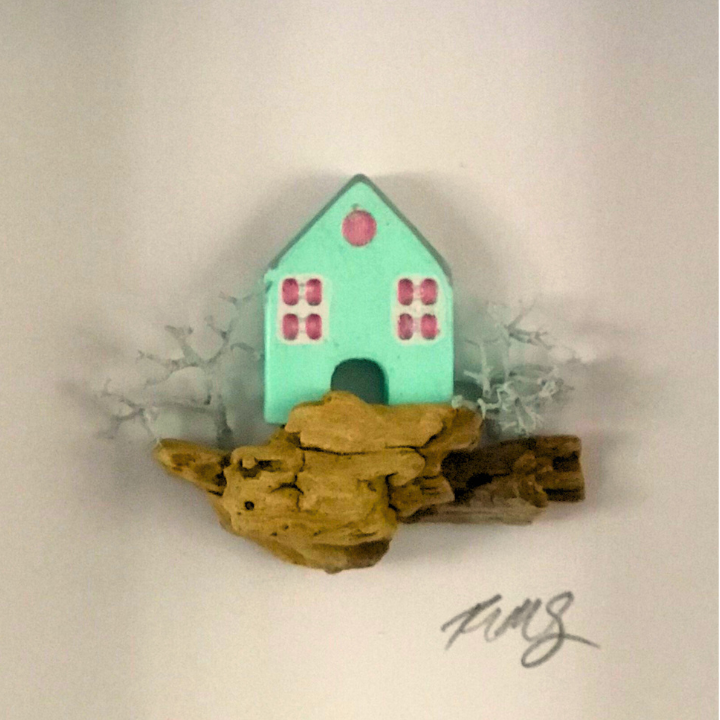 Mini Coastal House – Handcrafted Clay Artwork in Grey Box Frame (10×10 cm)