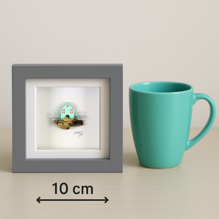 Mini Coastal House – Handcrafted Clay Artwork in Grey Box Frame (10×10 cm)