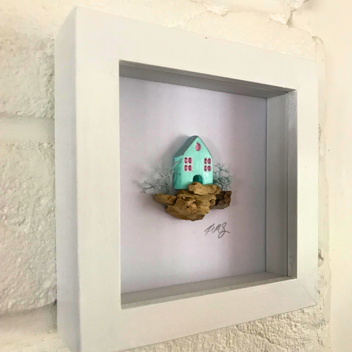 Mini Coastal House – Handcrafted Clay Artwork in Grey Box Frame (10×10 cm)