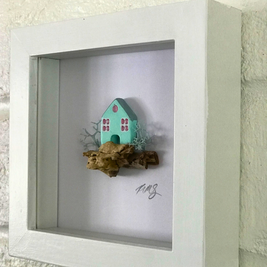 Mini Coastal House – Handcrafted Clay Artwork in Grey Box Frame (10×10 cm)