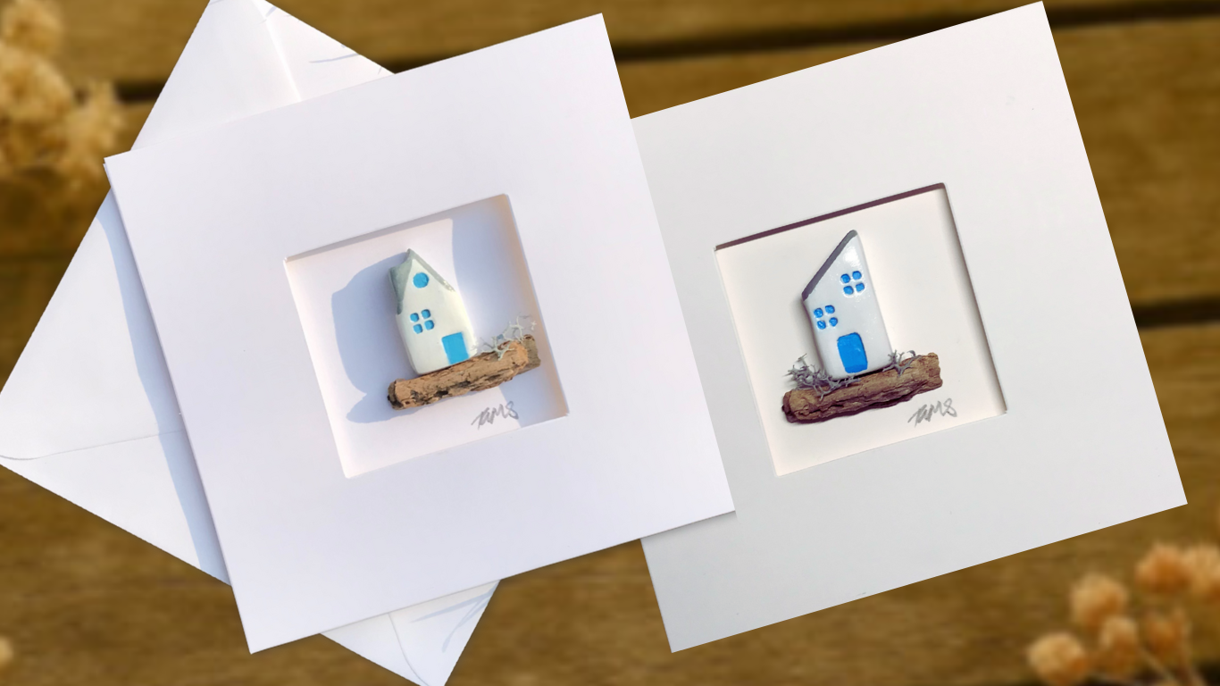 Coastal Cottage Card Set – Driftwood House & Pebble Cottage – Handmade Miniature Art – 10x10cm Aperture Cards (Set of 2)