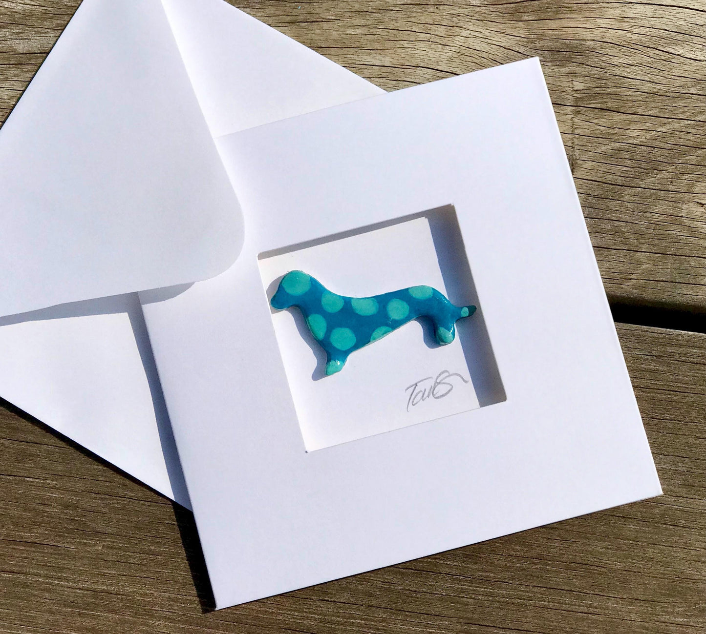 Handmade 3D Dachshund Dog Card – Colourful Polka Dot Clay Dog, Fun Aperture Greetings Card, Blank Inside, Unique Dog Lover Gift
