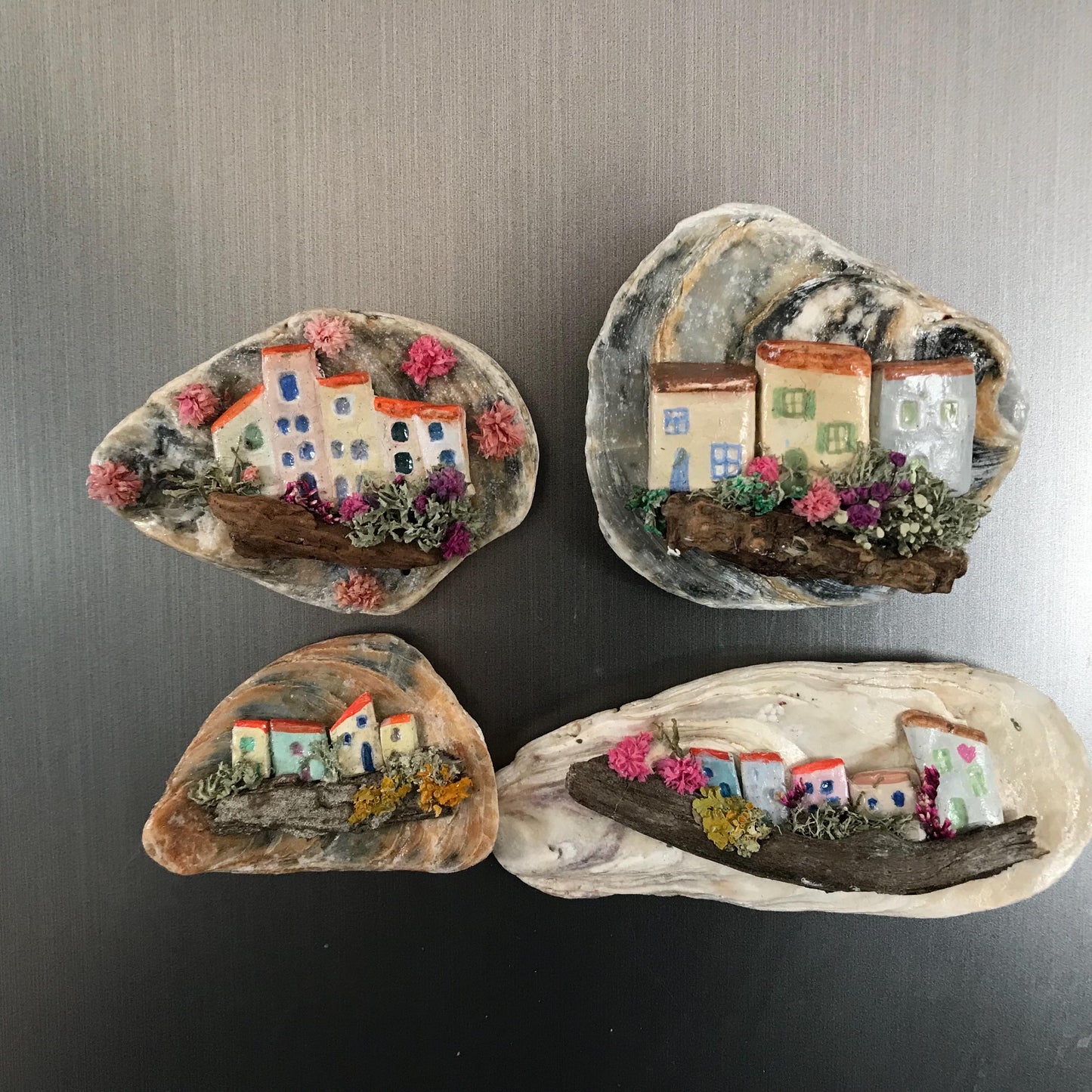 Handmade Oyster Shell Cottage Fridge Magnets – Unique Miniature Coastal Homes