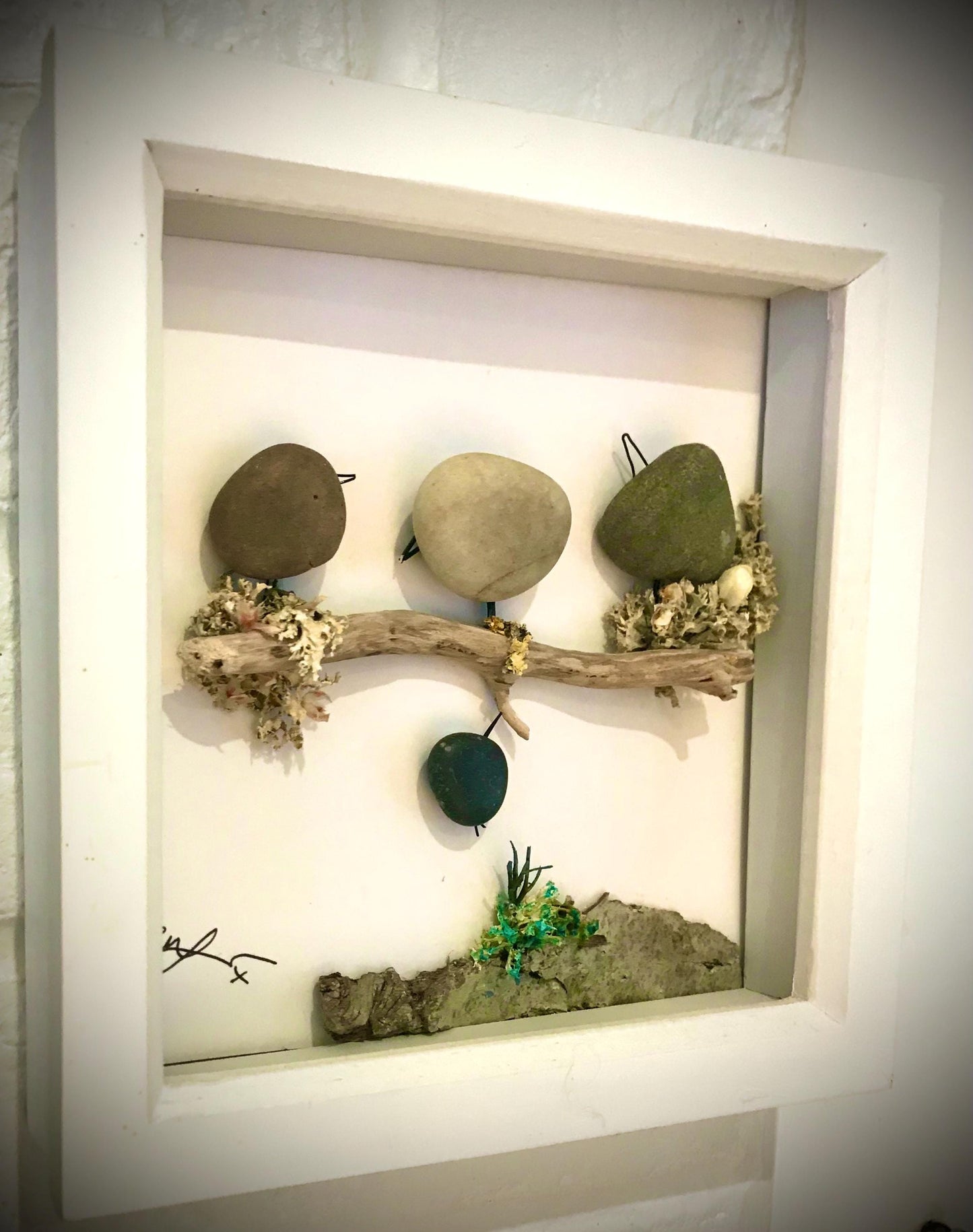 Custom made pebble art picture, driftwood and flower art, Box Framed 18x18cm featuring Naughty Bird and Family