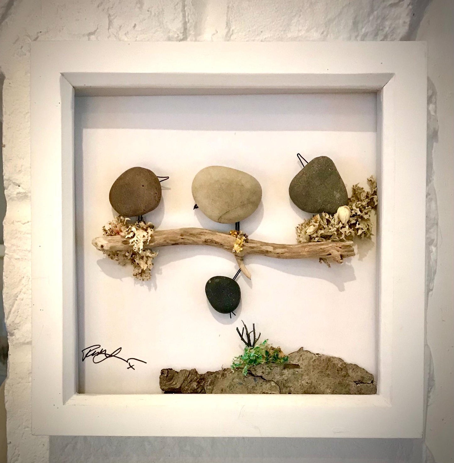 Custom made pebble art picture, driftwood and flower art, Box Framed 18x18cm featuring Naughty Bird and Family
