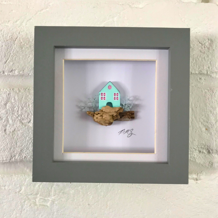 Mini Coastal House – Handcrafted Clay Artwork in Grey Box Frame (10×10 cm)