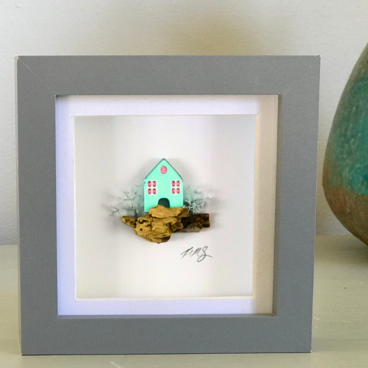 Mini Coastal House – Handcrafted Clay Artwork in Grey Box Frame (10×10 cm)