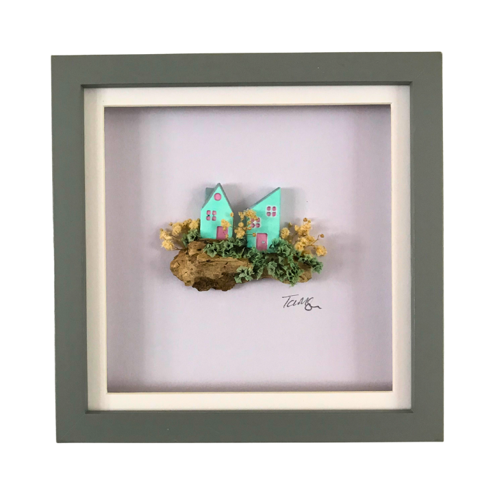 Miniature Turquoise Clay Houses Art – Framed Driftwood Scene with Wild Flowers (18x18cm)