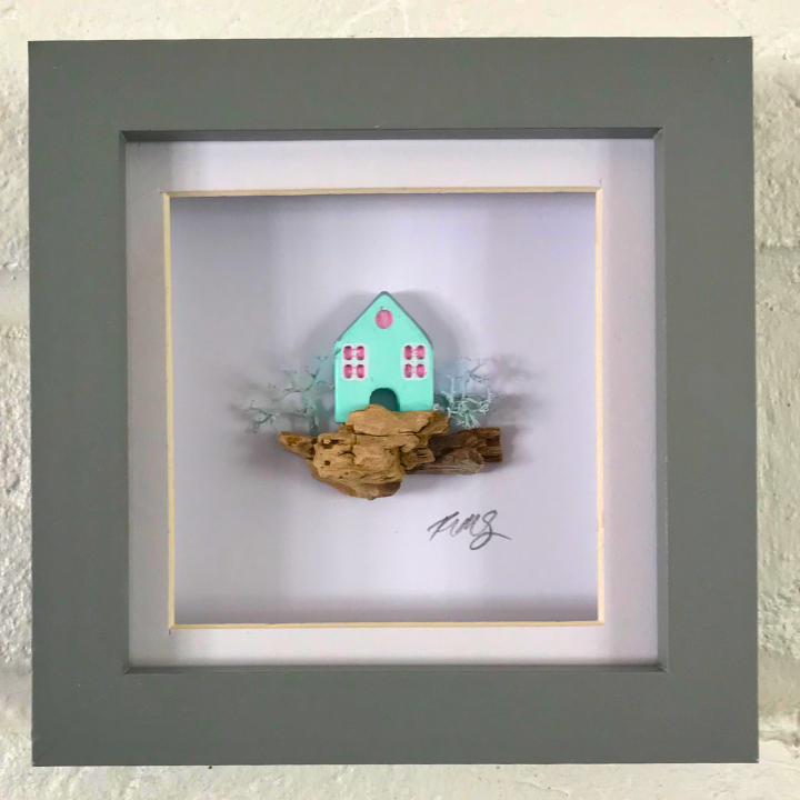 Mini Coastal House – Handcrafted Clay Artwork in Grey Box Frame (10×10 cm)