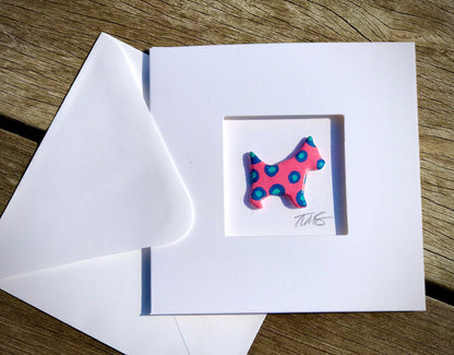 Handmade 3D Happy Dog Card – Colourful Polka Dot Clay Dog, Fun Aperture Greetings Card, Blank Inside, Unique Dog Lover Gift