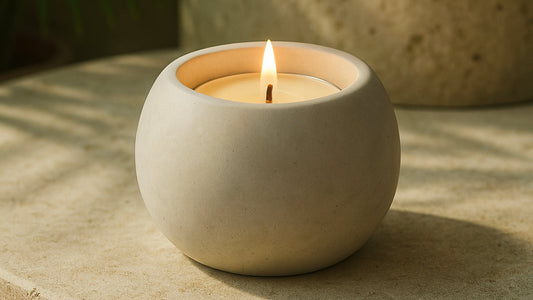 Handmade cream ceramic sphere T-light holder with lit candle on stone surface