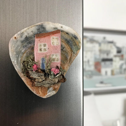 Handmade Oyster Shell Cottage Fridge Magnets – Unique Miniature Coastal Homes