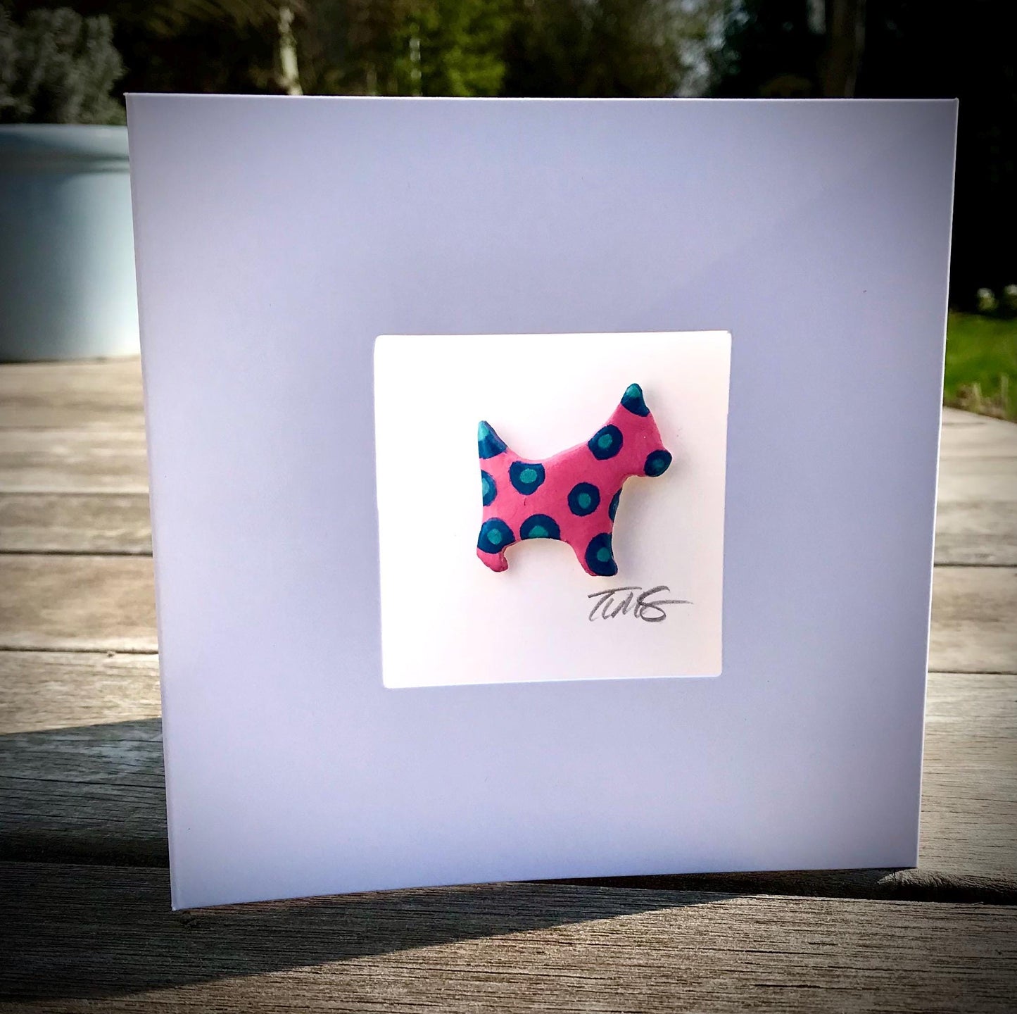 Handmade Polka Dot Dog Card – 3D Clay Dog in Aperture Frame
