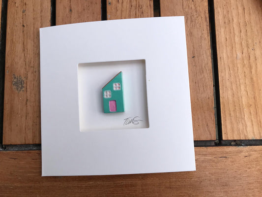 Handmade 3D Miniature House Card – New Home Greetings Card, Turquoise & Pink Clay House, Blank Inside, Unique Housewarming Gift