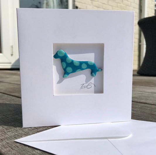 Handmade 3D Dachshund Dog Card – Colourful Polka Dot Clay Dog, Fun Aperture Greetings Card, Blank Inside, Unique Dog Lover Gift