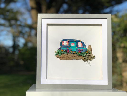 Orginal Traditional Caravan Artwork – Clay & Driftwood (Box Framed 27x27cm) Happy Camping picture