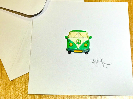 Handmade 3D Greetings Card & Fridge Magnet  Clay  Camper van, mini or Beetle