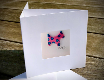 Handmade Polka Dot Dog Card – 3D Clay Dog in Aperture Frame