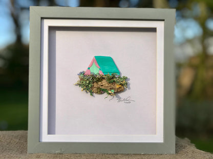 Handmade Traditional Tent Artwork – Clay & Driftwood (Box Framed 18x18cm)