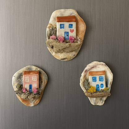 Handmade Oyster Shell Cottage Fridge Magnets – Unique Miniature Coastal Homes
