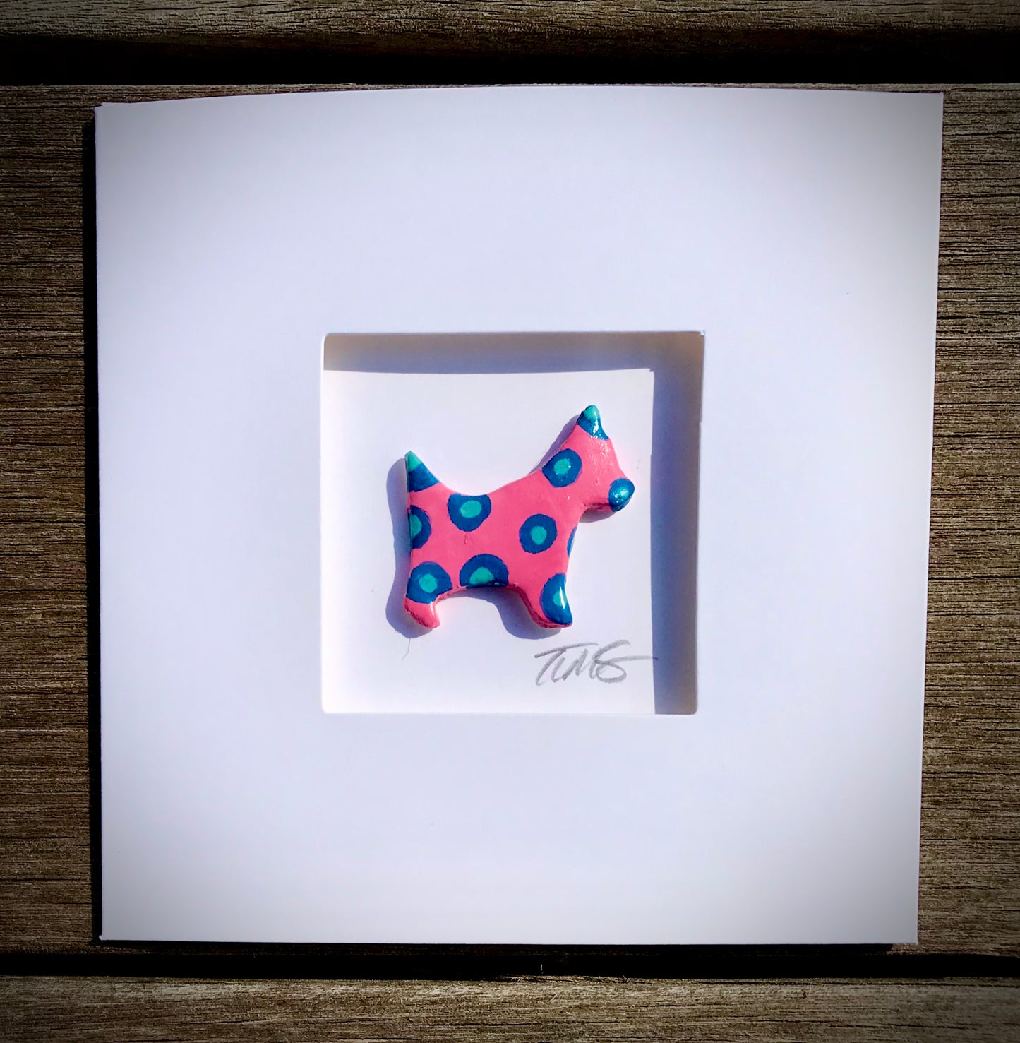 Handmade 3D Happy Dog Card – Colourful Polka Dot Clay Dog, Fun Aperture Greetings Card, Blank Inside, Unique Dog Lover Gift