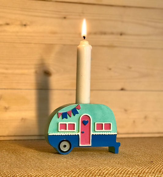 Campervan candle holder with a standard 10cm tall dinner candle inserted, illustrating the 2.4cm diameter candle hole.