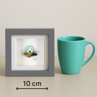 Mini Coastal House – Handcrafted Clay Artwork in Grey Box Frame (10×10 cm)