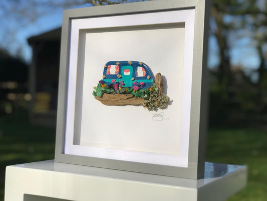 Orginal Traditional Caravan Artwork – Clay & Driftwood (Box Framed 27x27cm) Happy Camping picture