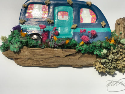 Orginal Traditional Caravan Artwork – Clay & Driftwood (Box Framed 27x27cm) Happy Camping picture