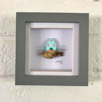 Mini Coastal House – Handcrafted Clay Artwork in Grey Box Frame (10×10 cm)